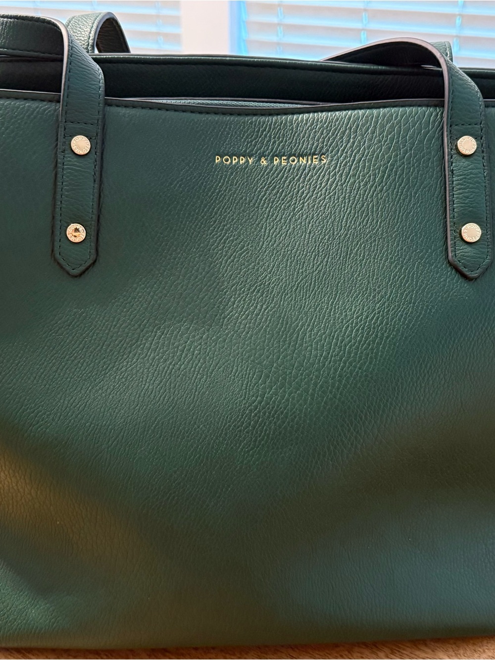 Poppy & Peonies Forest Green Leather Tote with Gold Accents
